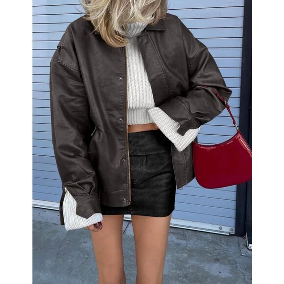 Women's Faux Leather Motorcycle Jacket Zip Up Oversized Fall Spring Winter Coat - Picture 4 of 9